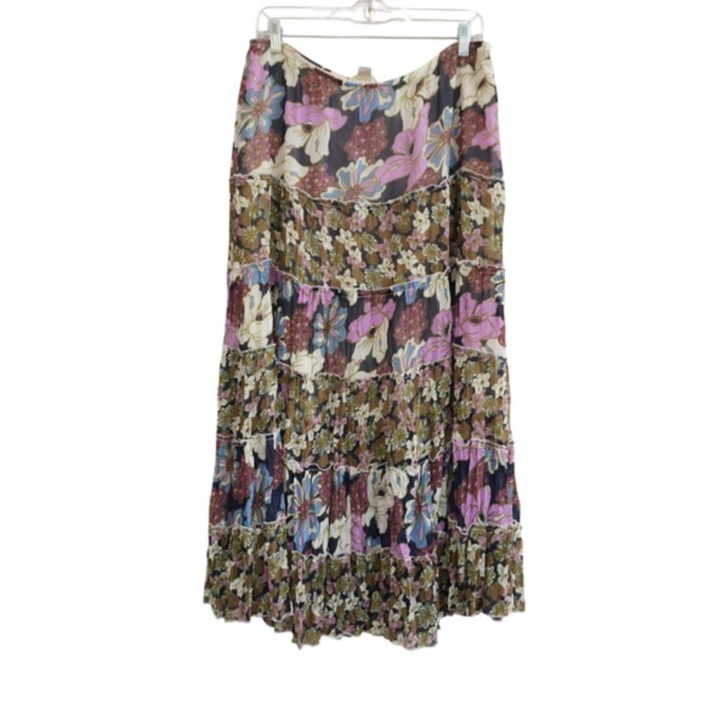 C&B Vintage Floral Tiered Flowy‎ Maxi Skirt Purple Boho Chiffon Artsy Whimsical
